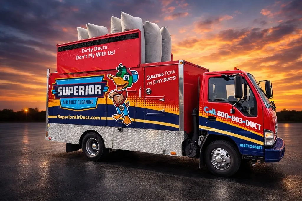 Superior Air Duct Cleaning box truck — 'Dirty Ducts Don't Fly With Us!' — under a dramatic sunset