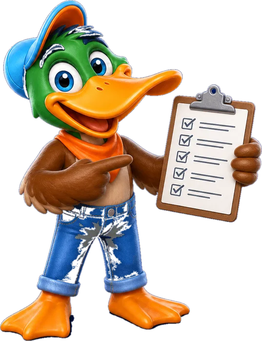 Superior Air Duct Cleaning duck mascot holding a clipboard