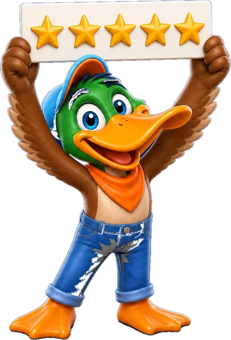 Superior Air Duct Cleaning's 3D duck mascot holding up a five-star rating card beside a customer review