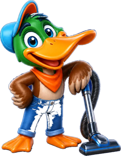 Superior Air Duct Cleaning duck mascot in a hero pose