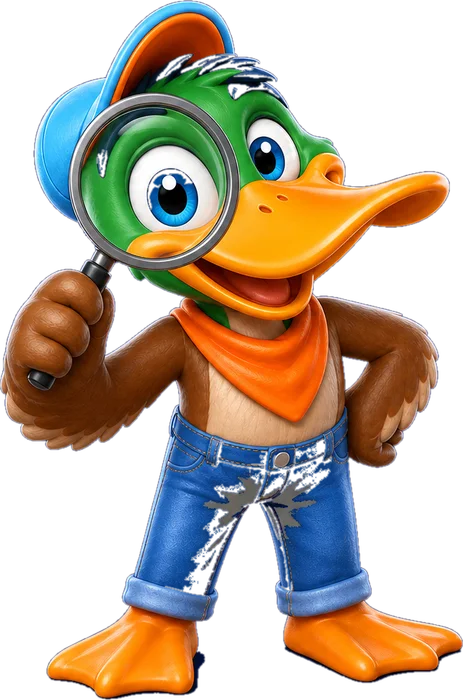 Superior Air Duct Cleaning duck mascot inspecting with a magnifying glass