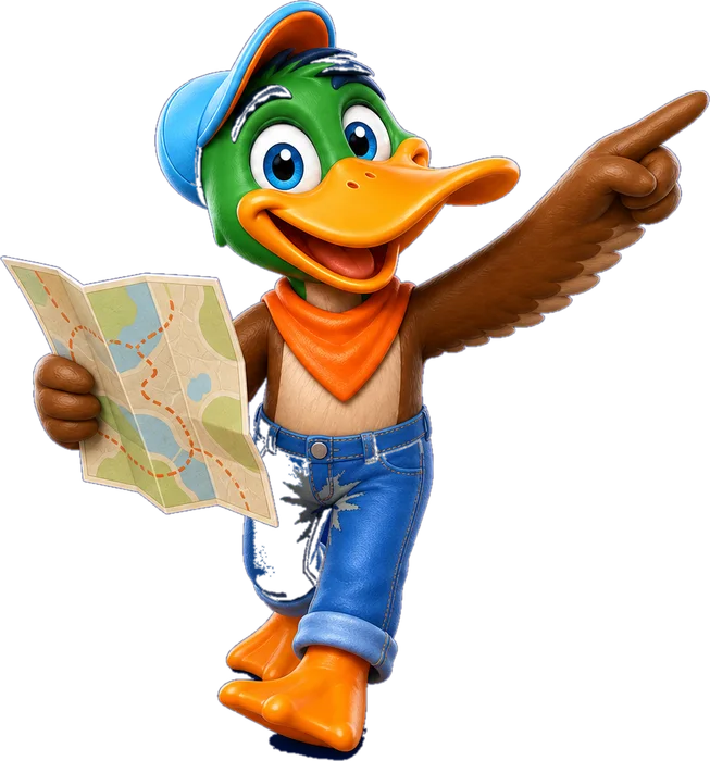 Superior Air Duct Cleaning duck mascot holding a service-area map
