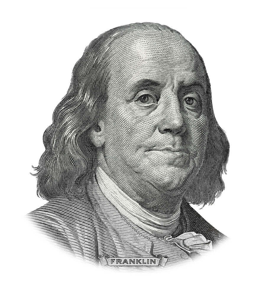 Grayscale drawing of founding father Benjamin Franklin