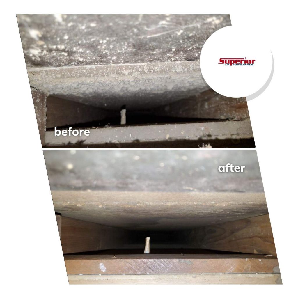 before and after picture of an air duct vent before and after cleaning with debris on the before