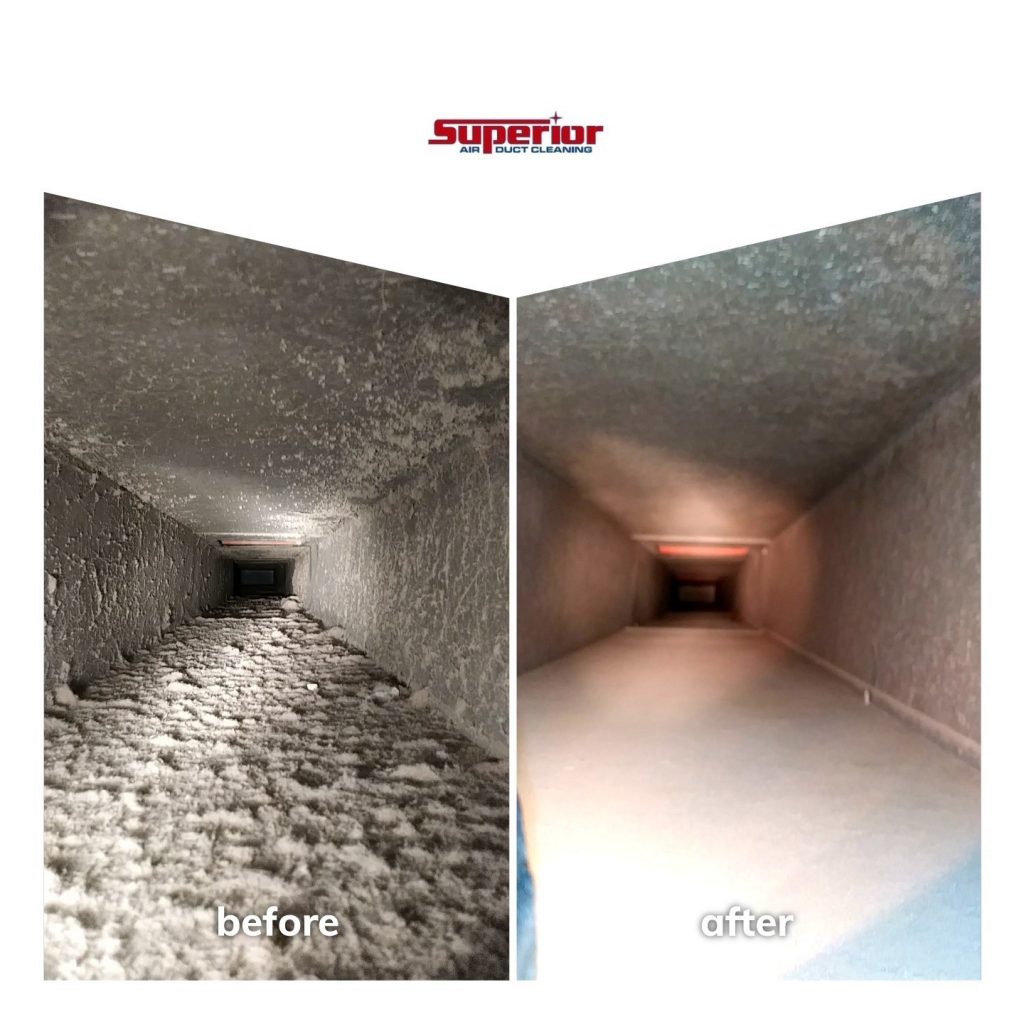 before and after side by side of a dirty air duct with a clean one