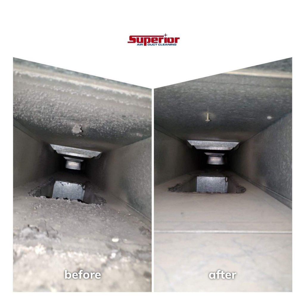 before and after picture comparison of an airduct with dust and debris in it